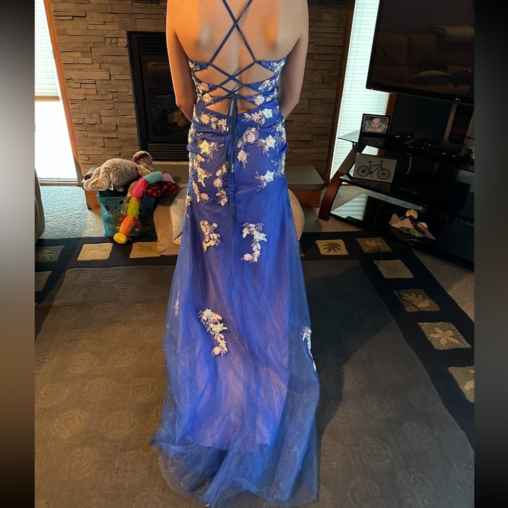 Navy blue floral prom/ball dress.